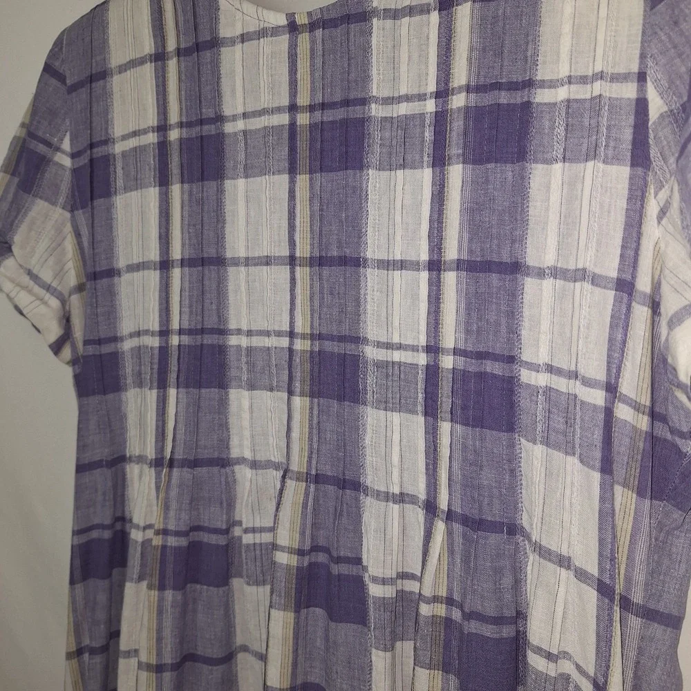 Vintage 90s Periwinkle White Plaid Linen Blend Dress 12 VTG Midi Cottagecore - Picture 8 of 16